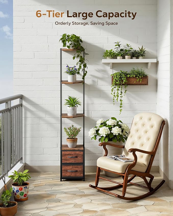 Housolution 6 Tier Corner Shelf Stand with Storage and Fabric Drawers,Brown | 63.4'' Tall Narrow Corner Bookshelf, Freestanding Corners Storage Shelf for Living Room Bedroom Small Space