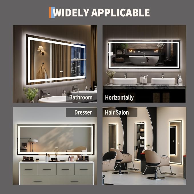 Large LED Bathroom Mirror 60x36 Inch - Frontlit & Backlit Frameless Wall Vanity Mirror with Stepless Dimming, Adjustable Color Temp, Anti-Fog Defogger, Smart Memory & 3X Suction Mirror, Sha