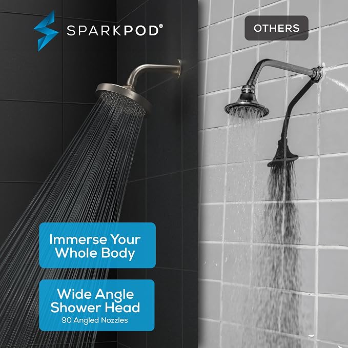 SparkPod Rain Shower Head, 6 Inch Round, Elegant Brushed Nickel Finish | High Pressure Shower Heads, 90 Nozzles, Adjustable Showerhead, No Tools Needed, Universal Connection