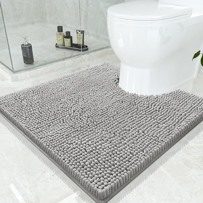 Smiry Toilet Rugs U-Shaped 24x24, Extra Soft Absorbent Contoured Bath Mat | Light Grey, Machine Washable Non Slip Luxury Chenille Contour Bath Rugs for Toilet