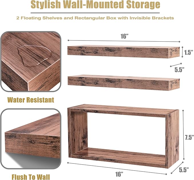 Sorbus Floating Shelves for Wall Set of 3 - Bathroom Shelves for Wall Storage, Over Toilet, Bedroom, Farmhouse, Decor - 2 Floating Shelves with Invisible Brackets & 1 Rectangular Box, Mahogany