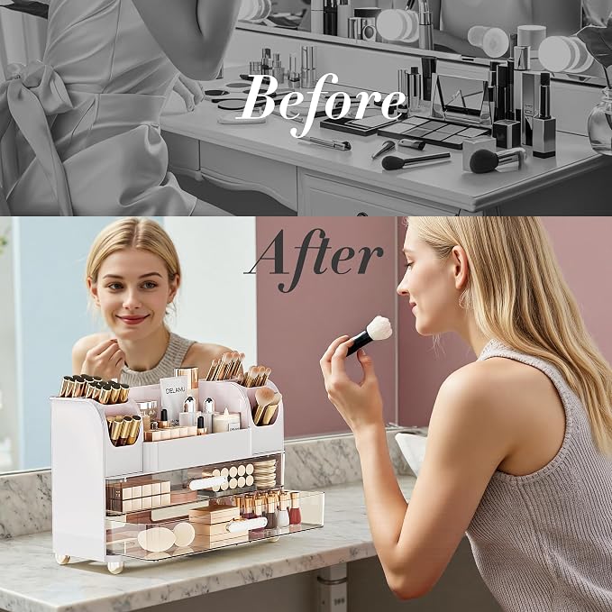 Delamu Large Makeup Organizer Countertop with 6 Brush Holders, White | Vanity Organizer with 2 Drawers, Gift for Women & Girls, Holds Perfume, Skincare, Lipstick, Nail Polish & Hair Accessories
