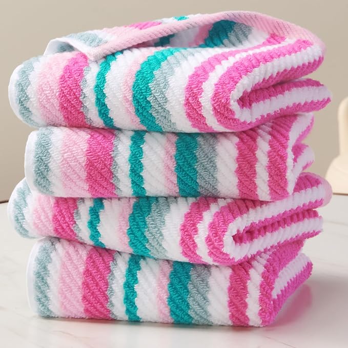 VOOVA & MOVAS Striped Hand Towels 4 Pack, 100% Cotton, 16x27 in, Pink Teal | Perfect for Daily Use & Holiday Gifting, Quick Dry, Soft, Absorbent, Lightweight, Luxury Gift Set