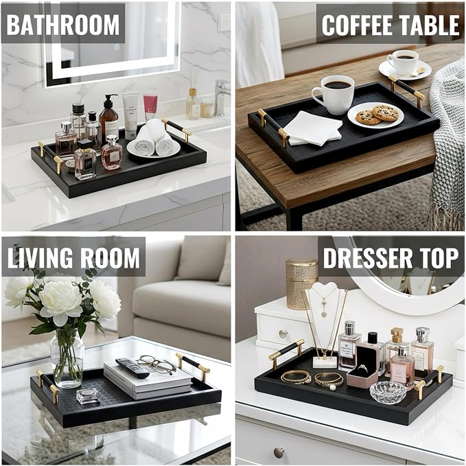 Bamboo Vanity Tray for Dresser -13.4"x8.7" Cologne Tray with Handles | Black Gold Trinket Tray with Leather Mat for Perfume, Jewelry, Watch, Key, for Bathroom Countertop, Living Room, Bedroom