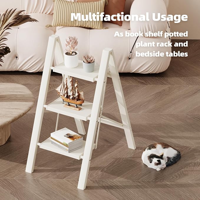 HillhutApex Aluminum Step Stool Foldable,3 Step Ladder (White) | Lightweight Portable step ladder with Anti-Slip Wide Pedal,330lbs Capacity Ladder for Household,Office,Kitchen