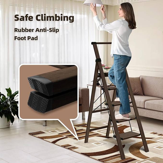 HillhutApex Aluminum 5 Step Ladder, Step Stool Foldable Ladder(Walnut) | Anti-Slip Pedals,330lbs Capacity,Lightweight Folding Ladders for Home,Office,Libaray