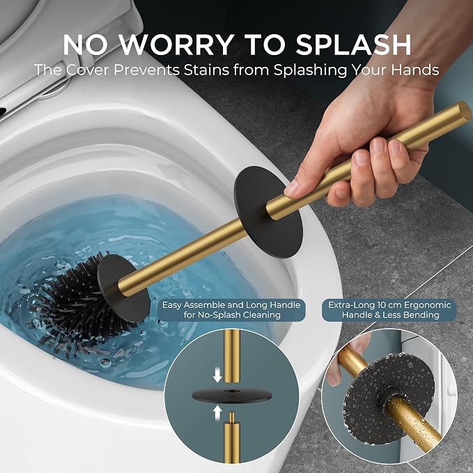 FORIOUS Toilet Brush, 2 Toilet Bowl Brush Head Square Tall Gold | Heavy Duty 304 Stainless Steel Base, Silicone and Plastic Brush Heads, Long Handle for Deep Cleaning, Drip-Proof