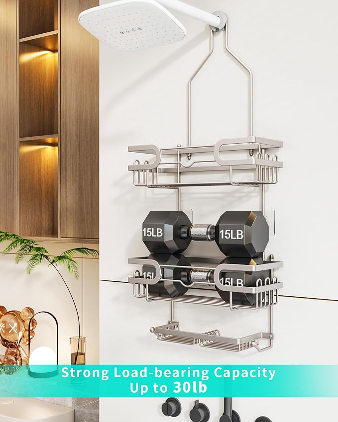 HapiRm Bathroom Hanging Shower Caddy - Rustproof Shower Shelf with 12 Hooks and 2 Soap Holders, No Drilling Bathroom Organizers and Storage - Brushed Nickel