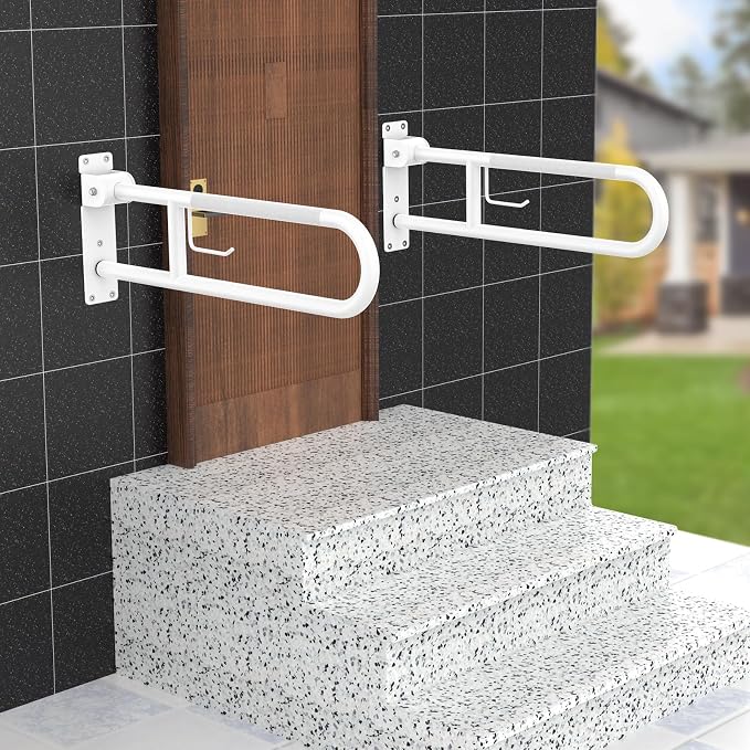 32 Inch U Shaped Toilet Grab Bars, Munzong White Flip-Up Support Rail | Anti-Slip Bathroom Grab Bar with Paper Holder Stainless Steel Knurled Handicap Safety handrails for Elderly Disabled