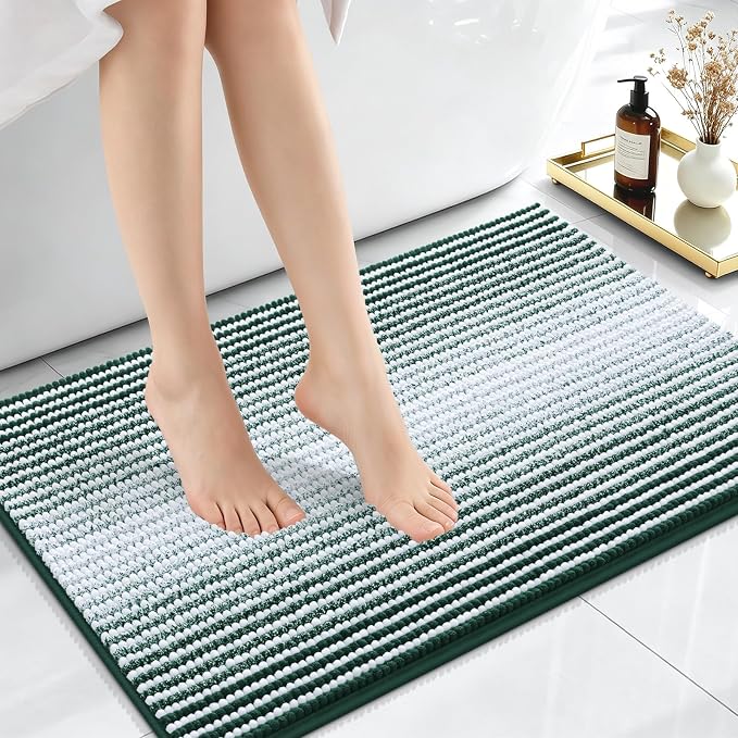 OLANLY Small Bathroom Rugs 24x16, Soft Striped Bath Rugs, Blackish Green | Extra Absorbent, Rubber Backing, Machine Wash Dry, Bath Mats for Bathroom Floor, Tub and Shower, Home Decor Accessories