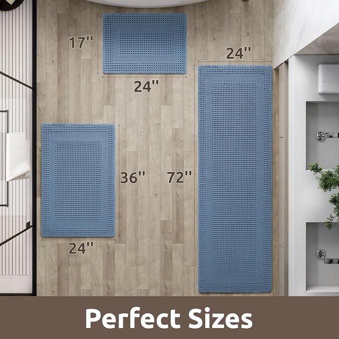 AMOAMI Waffle Bath-Mat, Absorbent Bath Mats for Bathroom Non Slip, Machine Washable Bathroom Rugs with Tassels Ultra Soft Boho Bath Rugs for Floor 24"x36" Blue