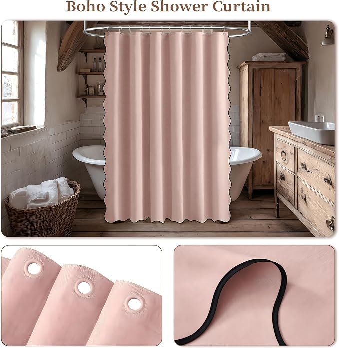 72x78 Boho Scalloped Linen Textured Cloth Shower Curtain, Blush Pink | Long Size, 230GSM Waterproof Polyester, Heavy Duty Fabric, 12 Plastic Hooks, Elegant Modern Farmhouse Style, Machine Washable