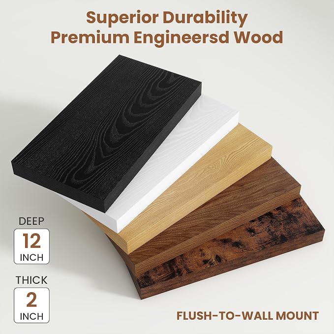 Vivelove Floating Shelves for Wall 18x12” Set of 2, Black | Easy Install With Hardware, 2" Thick, Invisible Brackets, Wall Mounted, No Sagging, For Any Room