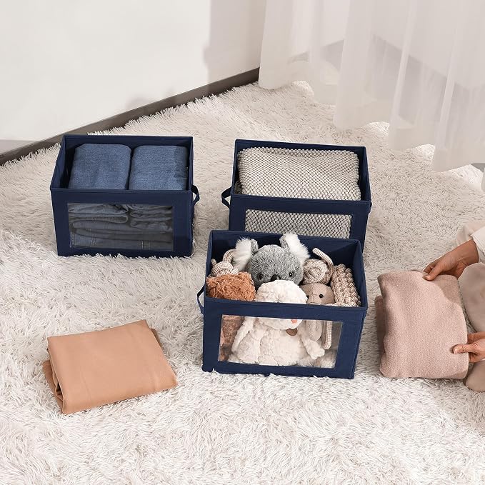 Foldable Storage Boxes with Clear Window - Clothes Organizers and Storage, Decorative Bins with Lid, Fabric Storage Cube, Storage Baskets for shelves, Yarn, Home, Navy blue, 3 Pack