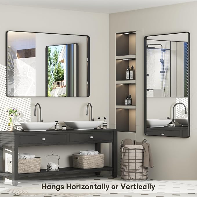 60x36 Inch Black Framed Bathroom Mirror for Wall, Large Matte Black Bathroom Vanity Mirror, Rounded Rectangle Mirror, Anti-Rust, Shatterproof, Hangs Horizontally or Vertically | Large Matte Black Vanity Mirror, Rounded Rectangle Mirror, Anti-Rust, Shat...