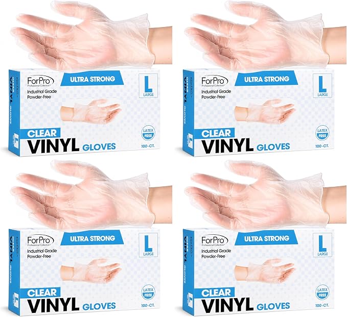 ForPro Disposable Vinyl Gloves, Industrial Grade, Powder & Latex Free, Non-Sterile, Food Safe, 2.75 Mil Palm, 3.9 Mil Fingers