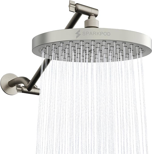 SparkPod 8" Round Rain Shower Head with 11" Shower Arm | Shower Head & Extension Arm Combo, Height Adjustable, High Pressure Performance, Easy 1-Minute Installation, Brushed Nickel