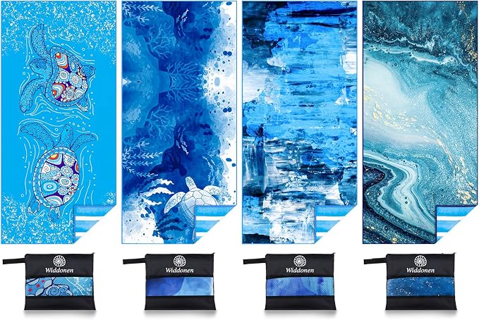 Widdonen Microfiber Beach Towel,Compact 4 Pack-71x32 Inch with Bag Travel | Extra Large,Lightweight,Thin,Sand Free,Quick Dry,Absorbent.Packable for Camping,Swim,Pool,Bath,Picnic,Cruise Essentials Gift