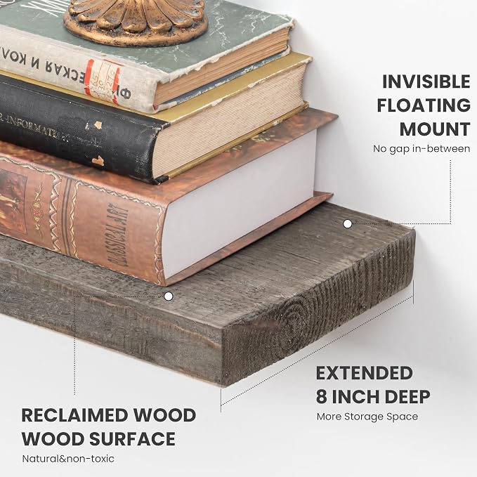 Floating Shelves for Wall,18 Inch Reclaimed Barnwood Planks Set of 2,8 Inch Deep Rustic Solid Wood Wall Shelves for Storage,Wood Wall Mount Shelf with Invisible Heavy-Duty Metal Bracket,Grey