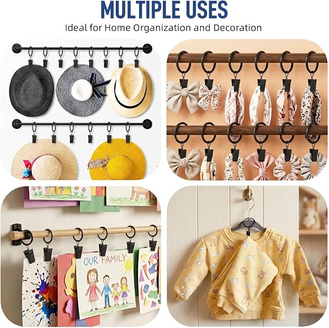 Lansian 20 Pack Curtain Rings with Clips Hooks 1.5 in Diameter Rustproof | Matte Metal Stainless Steel Drapery Rings for Tension Rod Bracket Eyelets Decorative Hanger, Fits 1.38 in Rods, Black