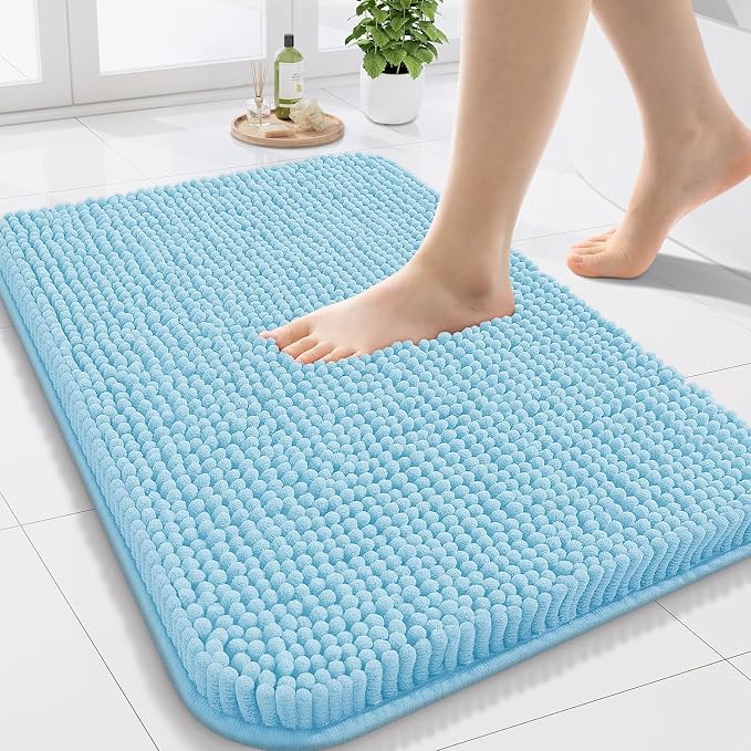 Arotive Bathroom Rugs 24x16, Soft Absorbent Shaggy Chenille Bath Rugs | Sky Blue, Machine Washable Rubber Backing Bath Mats for Bathroom Floor Tub and Shower Home Decor Accessories