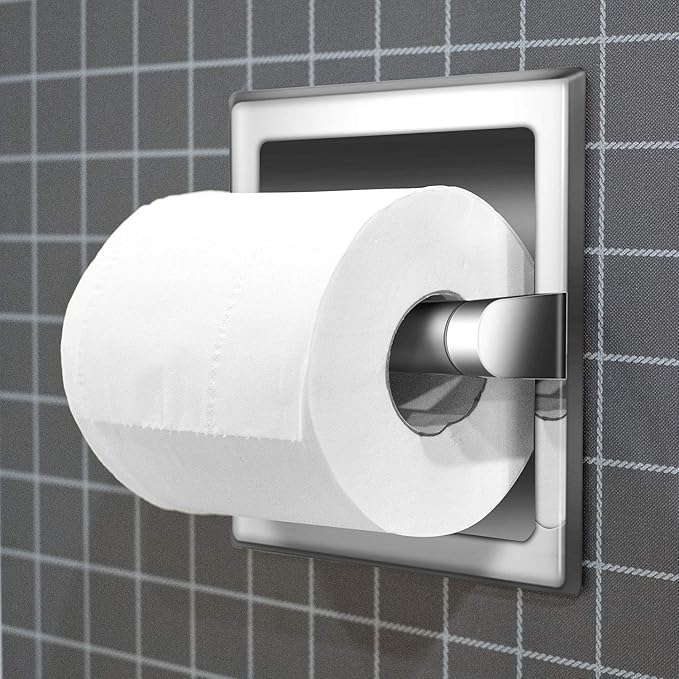 POKIM Polished Chrome Recessed in-Wall Toilet Paper Holder, 304 Stainless Steel Space Saving Bathroom Tissue Roll Dispenser with Rear Mounting Bracket
