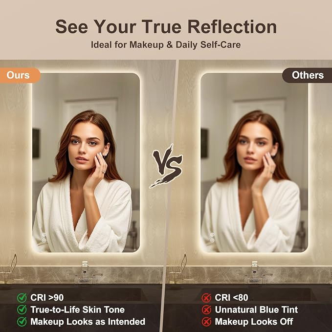 30''x40'' Lighted Mirrors for Bathroom Wall Backlit Rectangular LED Bathroom Mirror Frameless with Anti Fog, Dimmable, 3 Colors,Tempered Glass, Shatter-Proof
