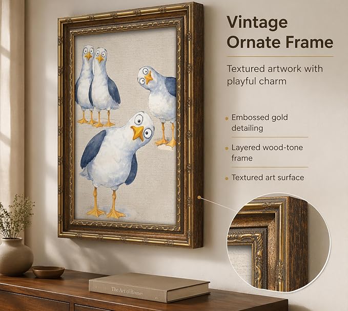 Vintage Gold Framed Funny Seagull Wall Art, Watercolor Cartoon Bird Canvas Print, Whimsical Coastal Wall Decor, Retro Style Funny Bird Poster Artwork,for Bathroom Bedroom Living Room,12x16in