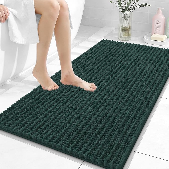 OLANLY Bathroom Rugs 44x24, Thick Soft Absorbent Chenille Bath Rugs | Blackish Green, Shaggy Bath Mat with Quick-Drying Rubber Backing, Washable for Floor, Tub and Shower, Home Decor Accessories