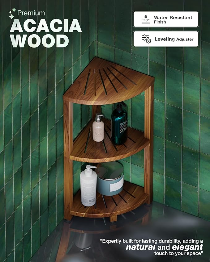 BLUEWEST 3-Tier Wooden Corner Shower Caddy Organizer with Anti-Slip Feet | Waterproof, Durable Bathroom Corner Shelf with a Space-Saving Design for Storage in Showers, Kitchens and Living Room Areas.