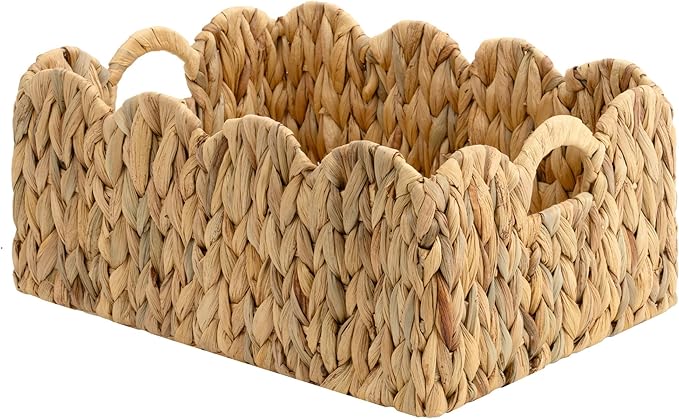 StorageWorks Wicker Baskets for Nursery, Water Hyacinth Scalloped Baskets | Scalloped Wicker Basket for Living Room, Decorative Scalloped Baskets for Storage, Wicker Baskets for Organizing and Decor