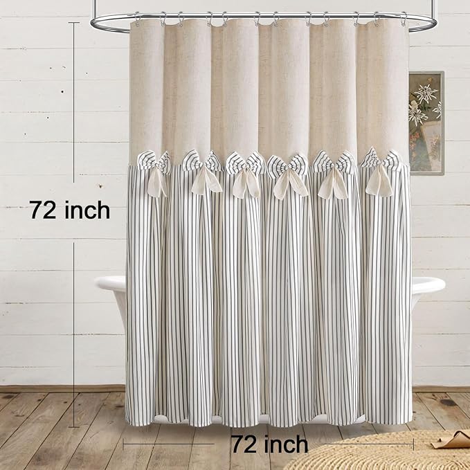 Farmhouse Shower Curtain Linen Bow Pleated Grey Stripe 72"W x 72"L | Farmhouse Style, Chic Bow, Striped, Linen Fabric, Rustic, Country, Natural Look, Washable, for Bathroom Bathtub
