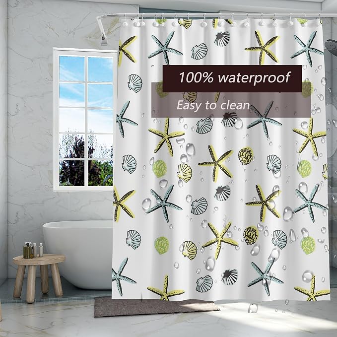 TIKABC Shower Curtain Liner, 4G PEVA Starfish Shower Liner, Plastic Waterproof Shower Curtains, 72x72 inch with Grommet Holes 3 Magnetic Weights