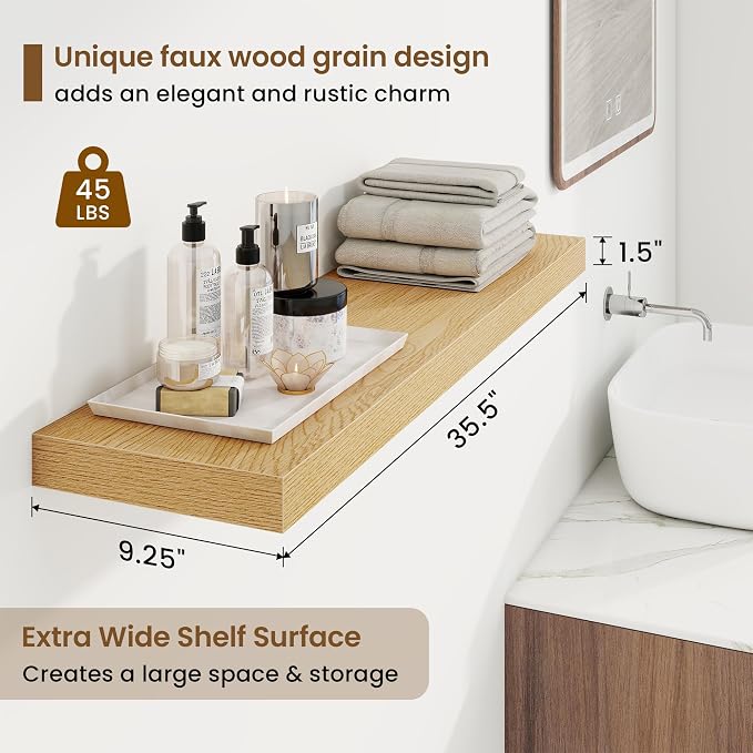 Marsmiles 9.25in Depth 36in Floating Shelves, 36x9.25x1.4, Oak, Set of 2 | Wall Mounted Engineered Wood Shelves, Invisible Brackets for Living Room, Bedroom, Bathroom, Kitchen Decor and Storage