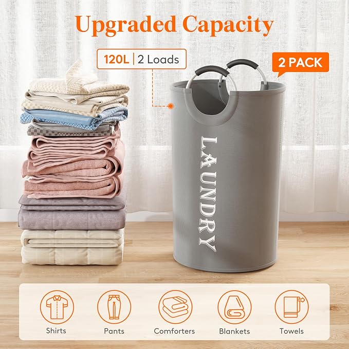 Lifewit 2 Pack 120L Laundry Basket with Aluminum Handles, Silver Grey | Collapsible Large Laundry Hamper, Waterproof Fabric, Freestanding Dirty Clothes Hampers for Dorm, RV, Bedroom, Laundry Room