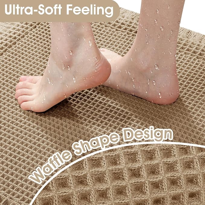 Upgraded Waffle Bath Mat Set 2 Piece Beige-Bordered, Super Absorbent Non-Slip Quick Dry Bathroom Rugs with Tassels, Machine Washable Ultra Soft Boho Bath Rugs for Floor, Bath Mats Boho Farmhouse Decor