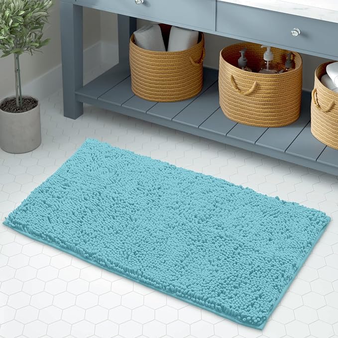 LuxUrux Bath Mat, Extra-Soft Plush Non-Slip Bathroom Rug, Luxury Chenille Microfiber Material, Super Absorbent Shaggy Bath Rug. Machine Wash & Dry (17 x 24 inches, Spa Blue)