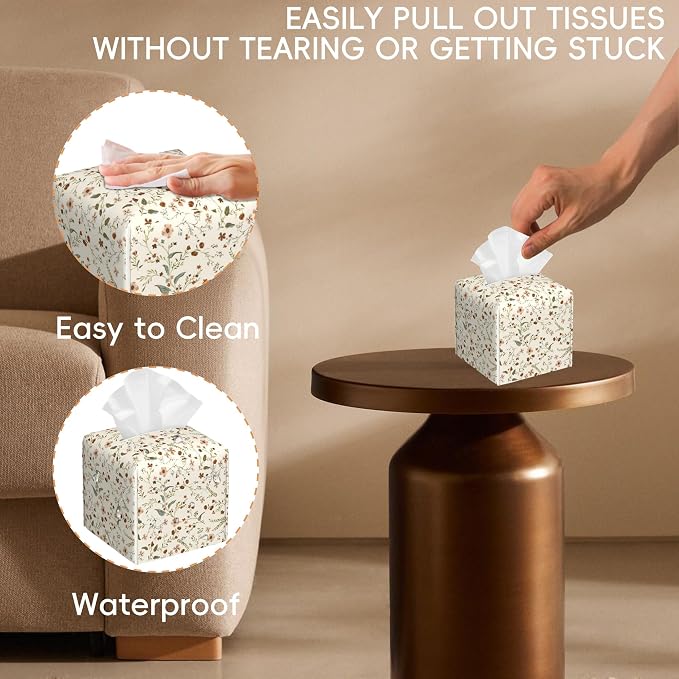 Vintage Decorative Square Leather Tissue Box Holder Cover Facial Paper Organizer Dispenser for Bathroom, Vanity Countertop, Office Desk (Vintage Flowers and Plants)