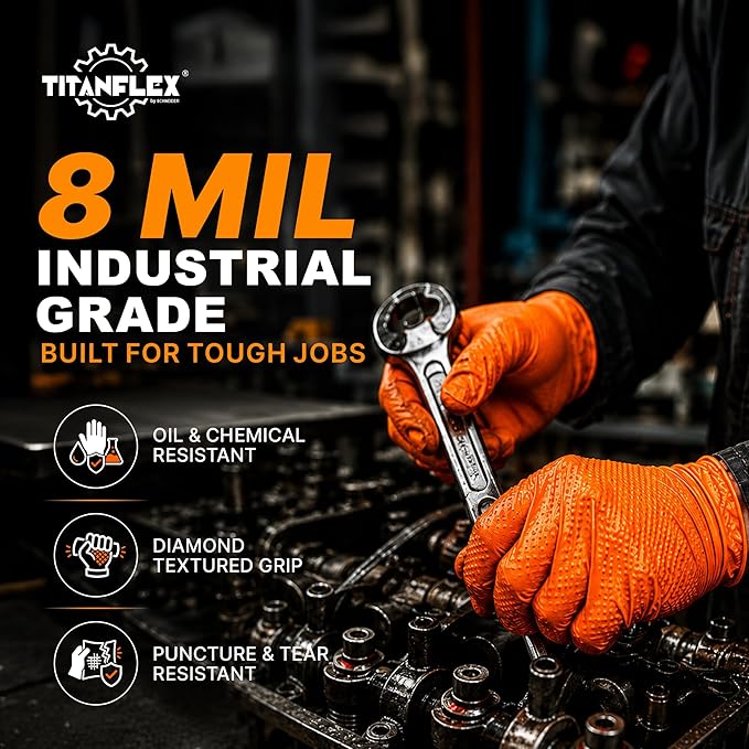 Heavy Duty Industrial Orange Nitrile Gloves, 8-mil, Gloves Disposable Latex Free with Raised Diamond Texture Grip, Powder Free, Rubber Glove, Mechanic Gloves,100-ct Box (Small)