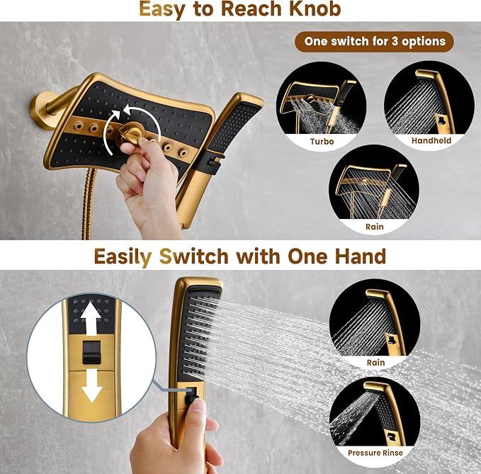 BRIGHT SHOWERS Dual Shower Head with Handheld, High Pressure Rainfall Shower Head Combo, 60-Inch Stainless Steel Hose, Brushed Gold