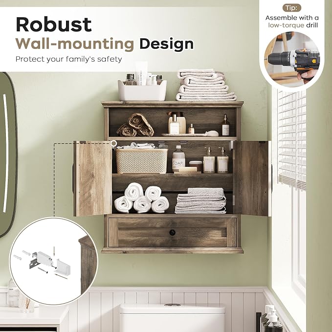 Bathroom Wall Cabinet, Wall Mounted Medicine Cabinet 24.4"H x 23.6"W x 9"D | With Drawer, Barn Doors & Adjustable Shelf, Grey Over Toilet Farmhouse Storage Cabinet for Kitchen, Laundry Room, Entryway