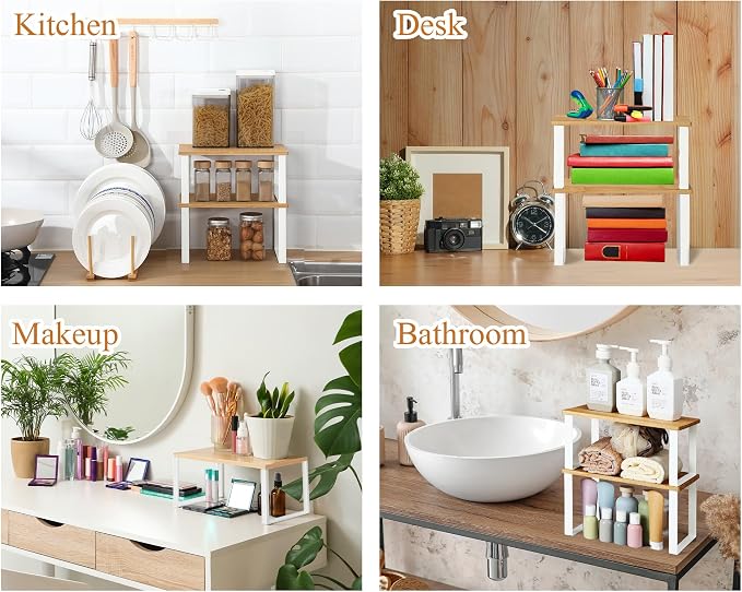 Marsui 4 Pcs Kitchen Organizer Accessories Set for Cabinet,Wooden Color | Cabinet Organizer Shelves, Bamboo Dish Drying Plate Rack, Wooden Counter Storage Holder, for Spice Dish Pot Lid Bowl Cup