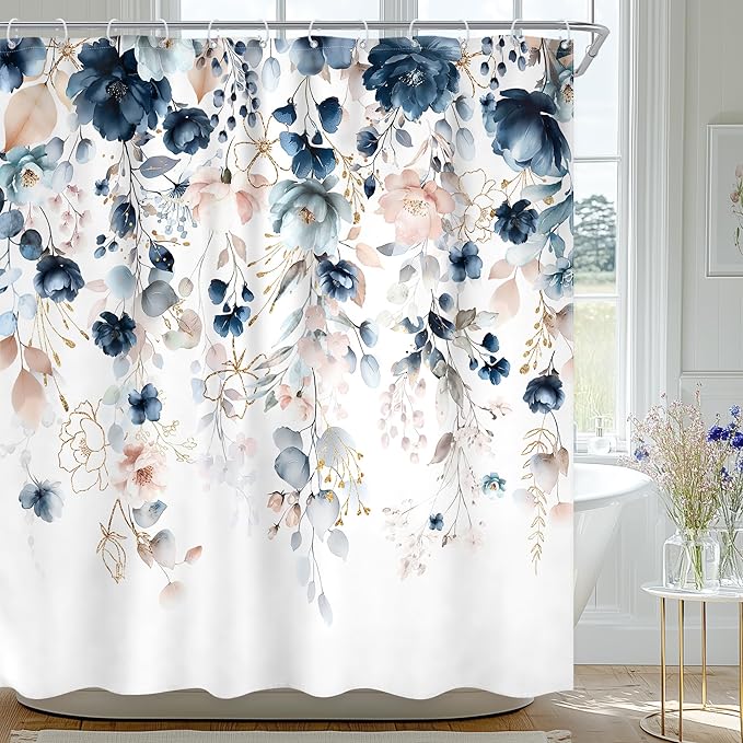 Blue Floral Flower Shower Curtain Cute Navy Flower Pastel Shower Curtain | 72Wx72L Inch Watercolor Plant Eucalyptus Leaf Girly Rustic Country 72Wx72L Inch Bath Bathtub Set Accessories Home Decor