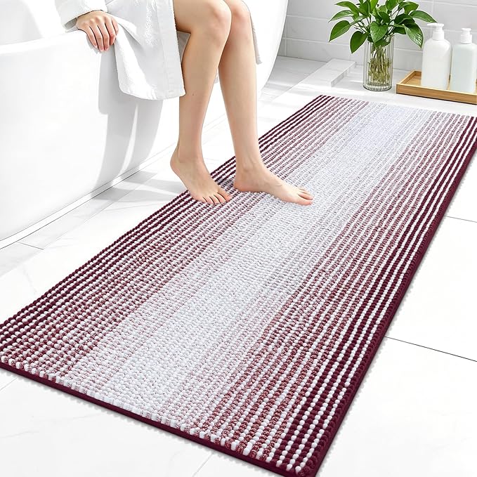 OLANLY Bathroom Runner Rugs 47x24, Chenille Striped Bath Rugs, Burgundy | Extra Soft Absorbent, Rubber Backing, Machine Wash Dry, Bath Mats for Bathroom Floor, Tub and Shower, Home Decor Accessories