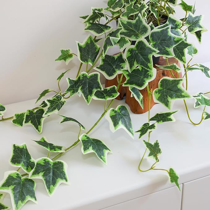 Fake English Ivy Plants in Pots Set of 2 – Realistic Artificial Ivy Greenery for Home Decor, Tabletop, Office, Shelf, Balcony, Lifelike Faux Hanging Vines, No Maintenance Required - White and Green