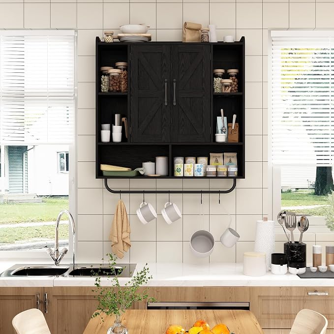 RUSTOWN Rustic Bathroom Wall Storage Cabinet with 2 Barn Doors, Black | Farmhouse Medicine Cabinet, Wall Mounted, Space Saving, 3-Tier Adjustable Shelves, Towel Bar, 5 Hooks