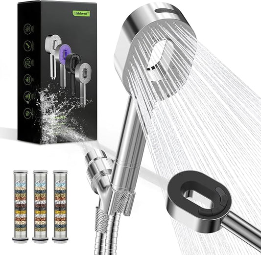 Hibbent Filtered Handheld Showerhead with 3 Filters, 5 Sprays Shower Head | Chrome High Pressure Shower Heads, Brass Holder & 71" Metal Hose, Water Soft Filter Remove Chlorine, Reduce Dry Itchy Skin