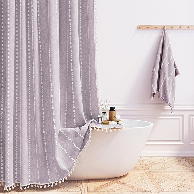 54x78 Boho Farmhouse Linen Heavy Duty Shower Curtain Set, Lavender | Narrow Long Size, 330GSM Linen Blend, Water Repellent, Vintage Striped Fabric, 10 Hooks, Rustic Country, Machine Washable