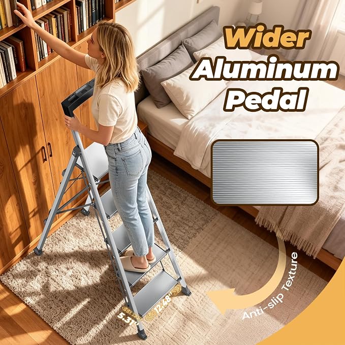 HBTower 5 Step Ladder, Lightweight Aluminum Folding Step Stool | Anti-Slip Wide Pedal, 330lbs Capacity Step Ladder for Household Kitchen Office, Silver