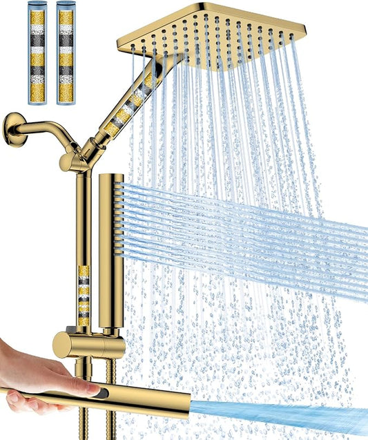 Filtered Shower Head with Handheld Spray Combo High Pressure Rain Shower Head Dual Shower Head with Filters - Removes Chlorine Height Adjustable & Built-in Power Wash (Gold)